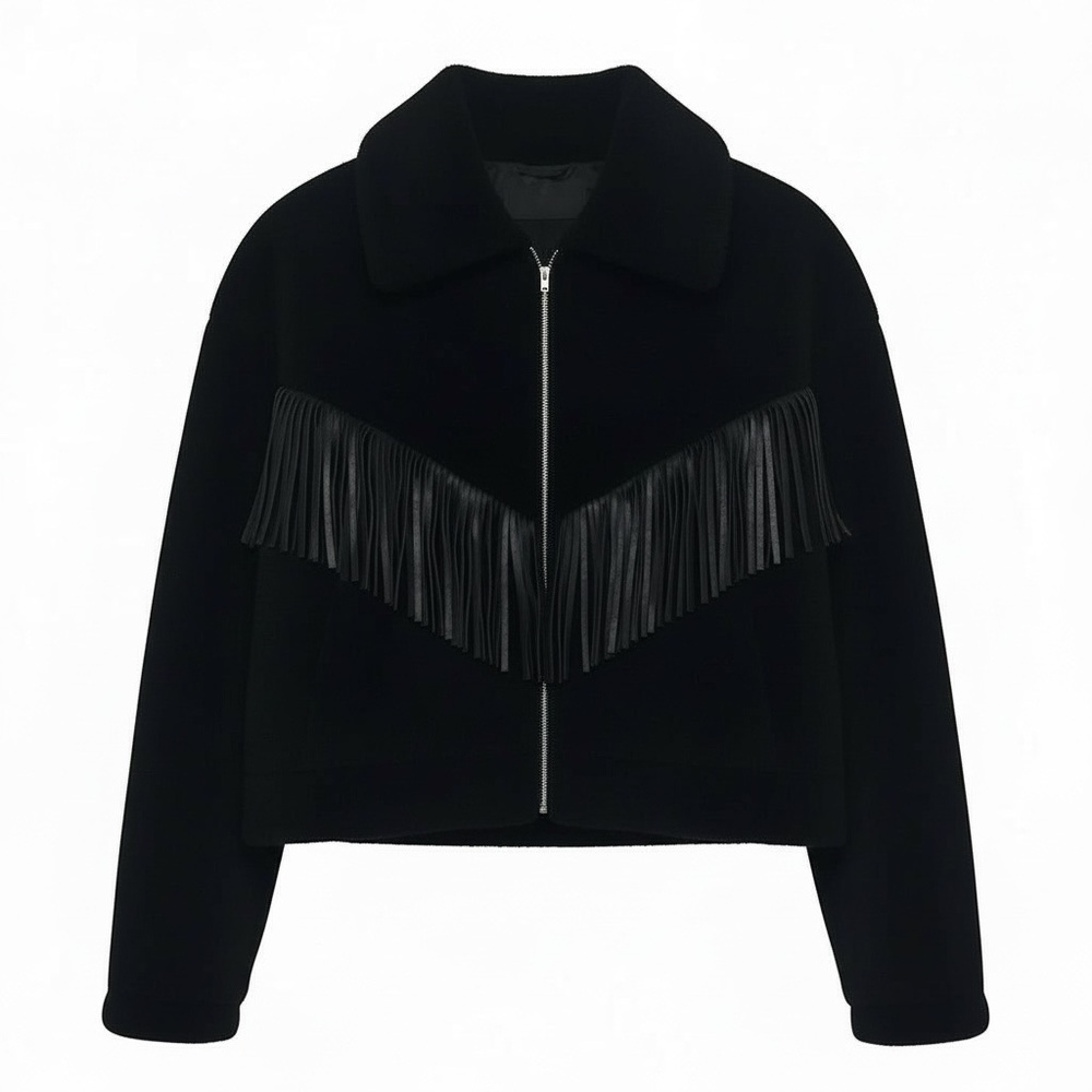 Shein Black Faux Fur Fringe Jacket Womens M 38 Polyester Zip Closure - Picture 1 of 8